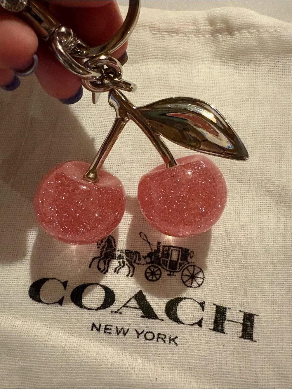 Coach Pink Glitter Cherry Bag Charm / Keychain w/ Dust Bag